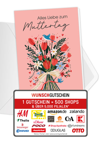Wunschgutschein Alles Liebe zum Muttertag - Blumenstrauß Vogel PDF – Geschenkgutschein Ansicht 1