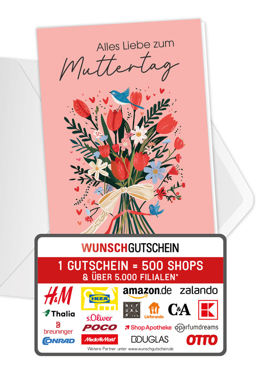 Wunschgutschein Alles Liebe zum Muttertag - Blumenstrauß Vogel PDF – Geschenkgutschein Ansicht 1