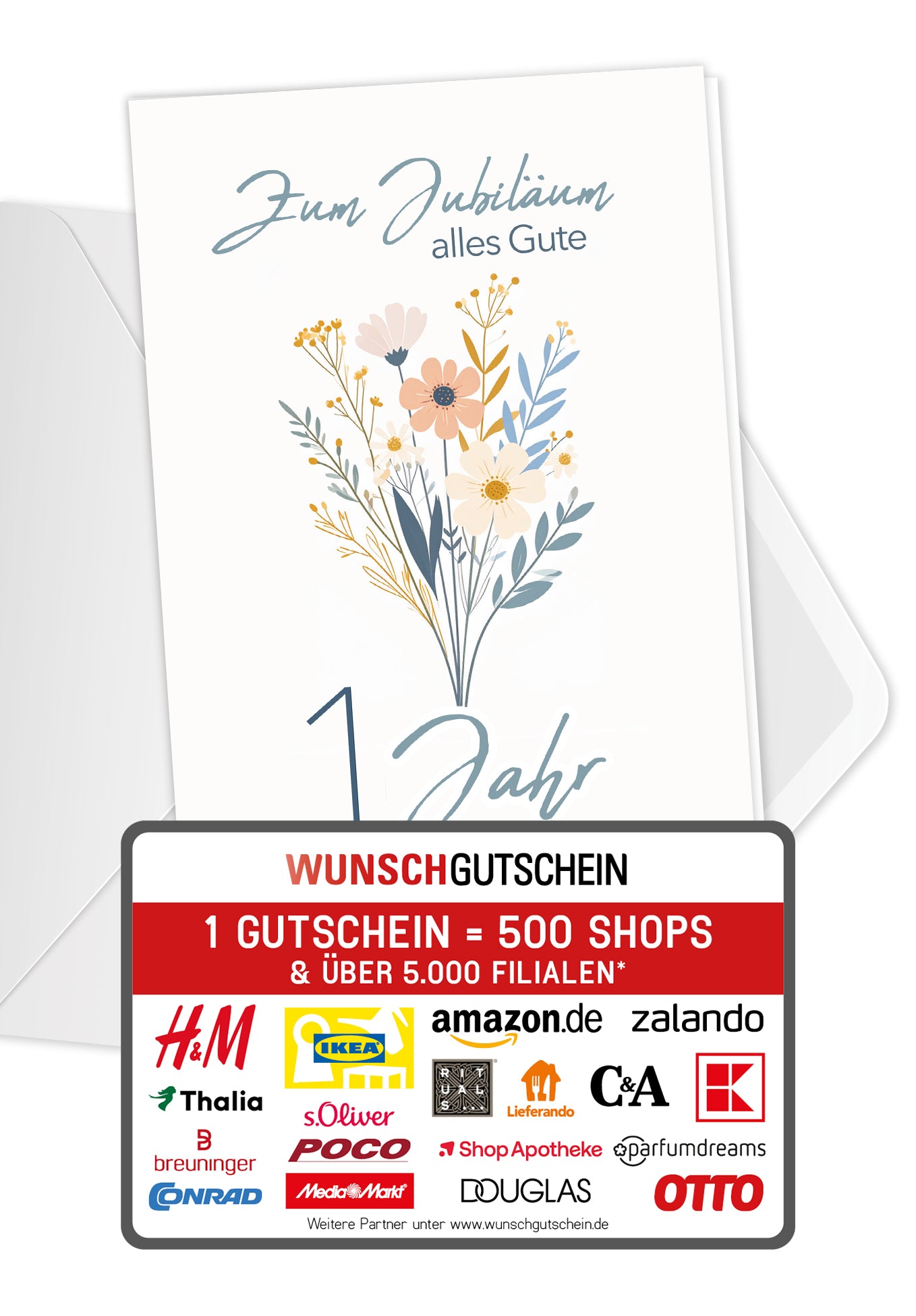 Wunschgutschein 1 Jahr - Blumenstrauß Weiß – Geschenkgutschein Ansicht 1