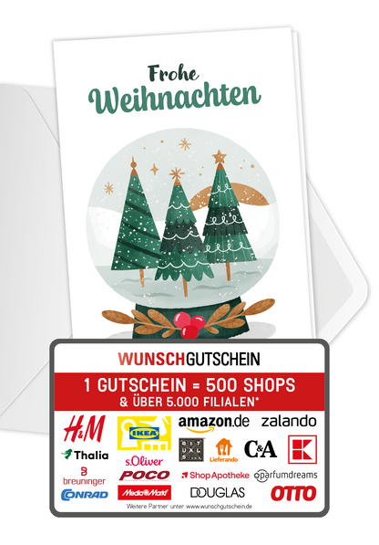 Wunschgutschein Frohe Weihnachten - Schneekugel Bäume PDF – Geschenkgutschein Ansicht 1