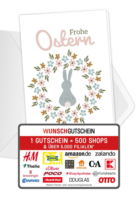 Wunschgutschein Frohe Ostern - Blumenkranz Hase PDF – Geschenkgutschein Ansicht 1