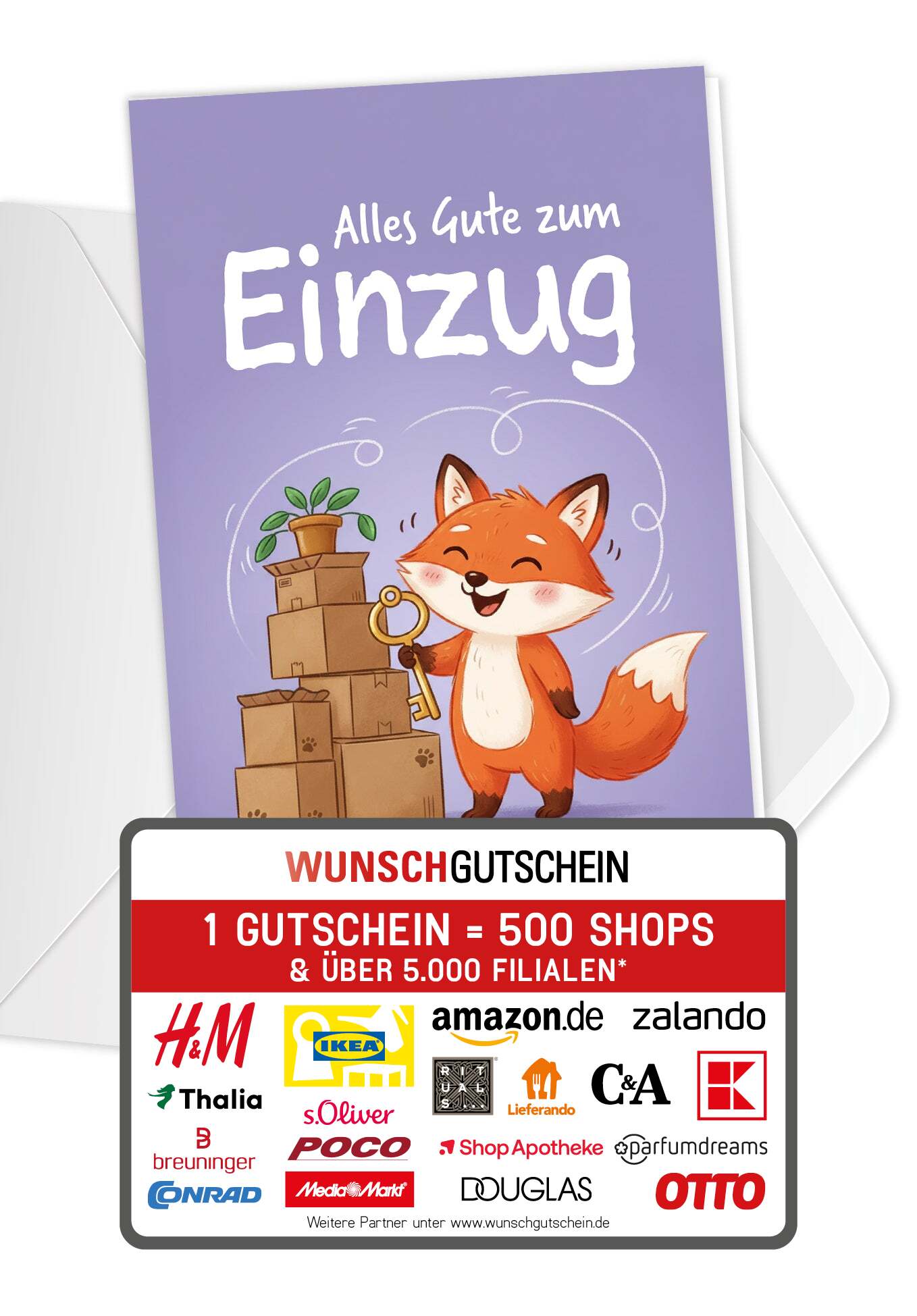 Wunschgutschein Alles Gute zum Einzug - Fuchs Lila PDF – Geschenkgutschein Ansicht 1