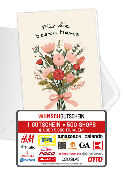 Wunschgutschein Für die beste Mama - Blumenstrauß Beige PDF – Geschenkgutschein Ansicht 1