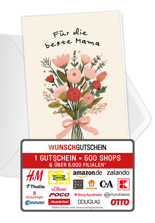 Wunschgutschein Für die beste Mama - Blumenstrauß Beige PDF – Geschenkgutschein Ansicht 1