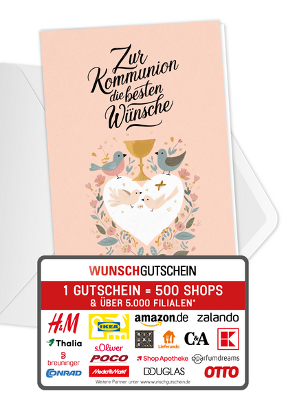 Wunschgutschein Zur Kommunion - Herz Vögel – Geschenkgutschein Ansicht 1