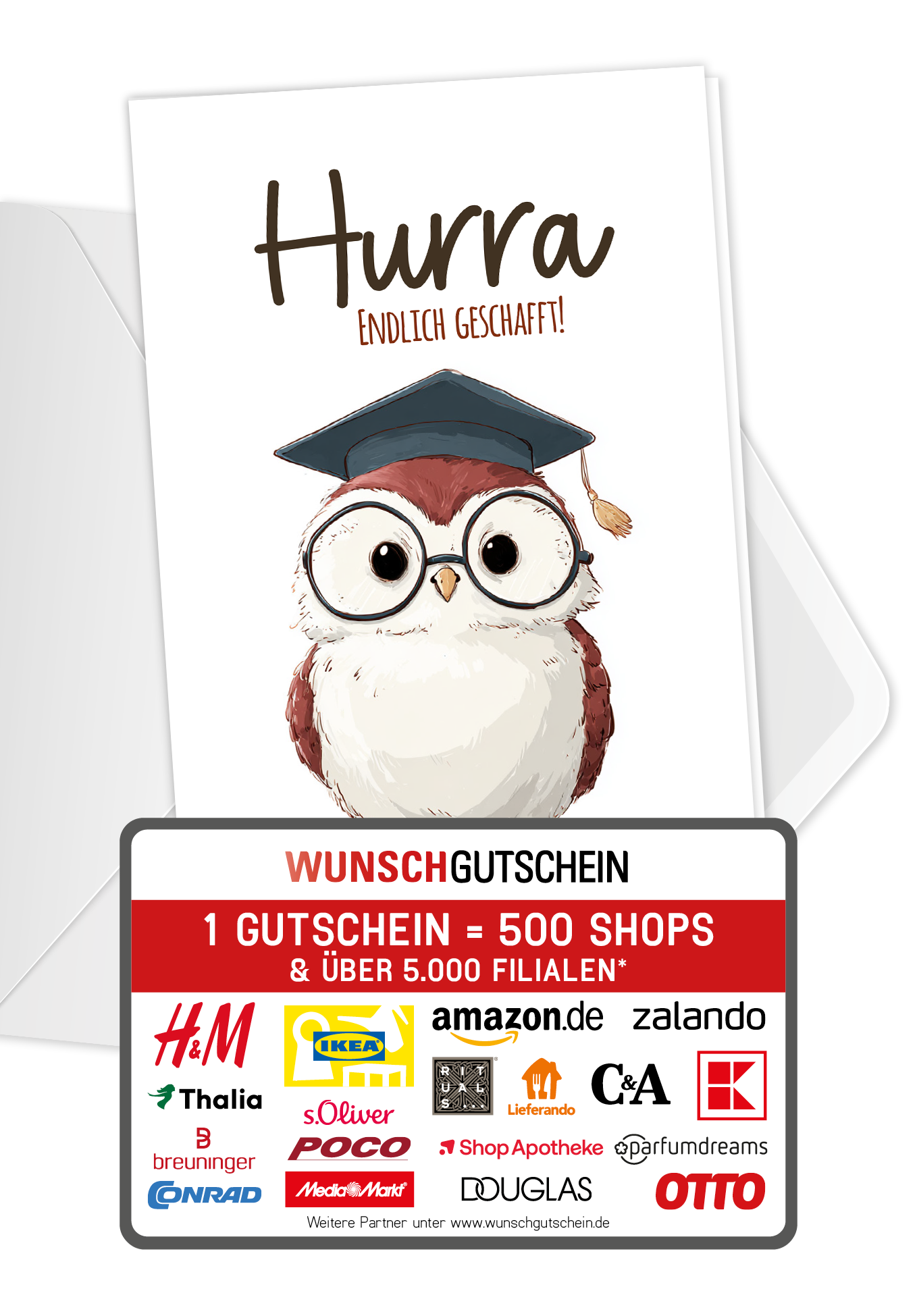 Wunschgutschein Hurra endlich geschafft - Eule – Geschenkgutschein Ansicht 1