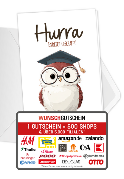 Wunschgutschein Hurra endlich geschafft - Eule – Geschenkgutschein Ansicht 1