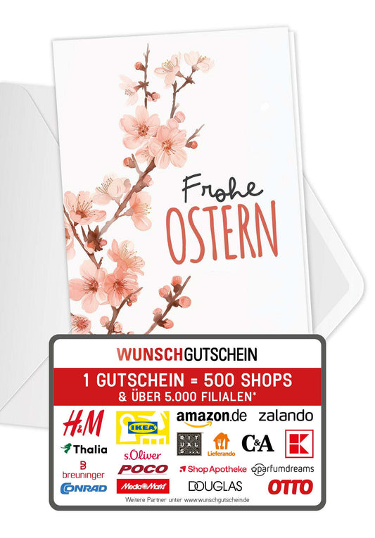 Wunschgutschein Frohe Ostern - Kirschblüten Aquarell – Geschenkgutschein Ansicht 1