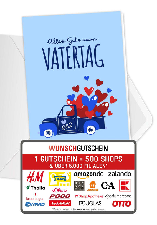Wunschgutschein Alles Gute zum Vatertag - Laster Herzen Blau – Geschenkgutschein Ansicht 1