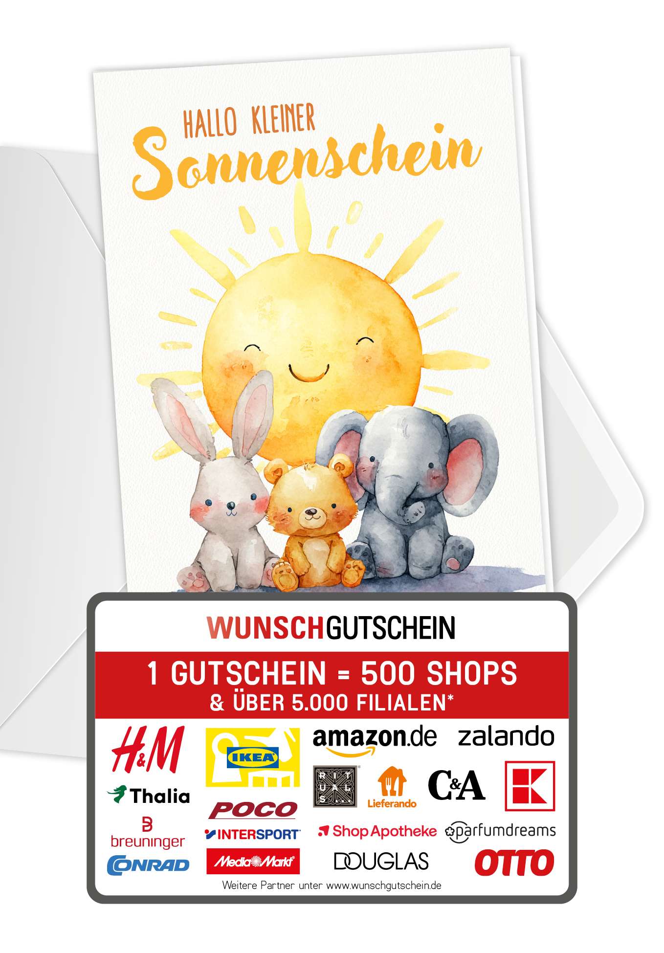 Wunschgutschein Hallo Sonnenschein - Sonne Tiere – Geschenkgutschein Ansicht 1