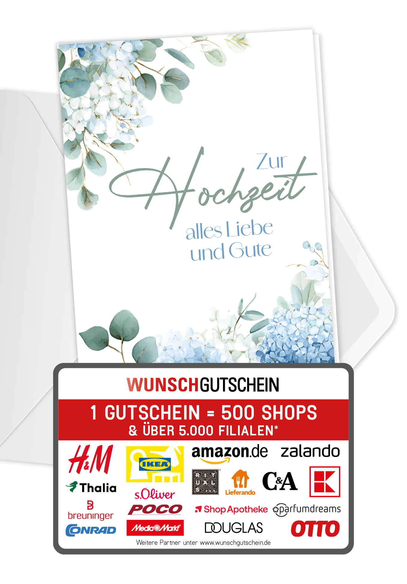 Wunschgutschein Zur Hochzeit alles Liebe und Gute - Hortensien Blau – Geschenkgutschein Ansicht 1