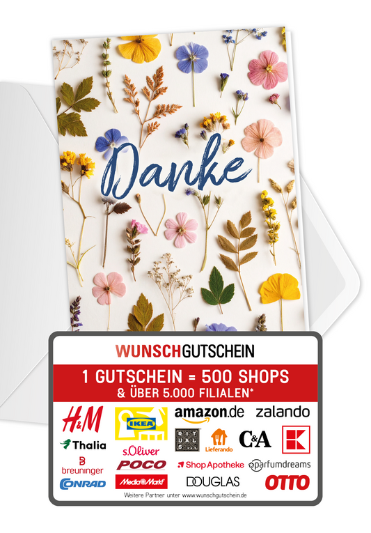 Wunschgutschein Danke - Trockenblumen Bunt PDF – Geschenkgutschein Ansicht 1
