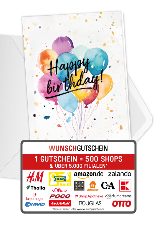Wunschgutschein Happy Birthday - Ballons Aquarell PDF – Geschenkgutschein Ansicht 1