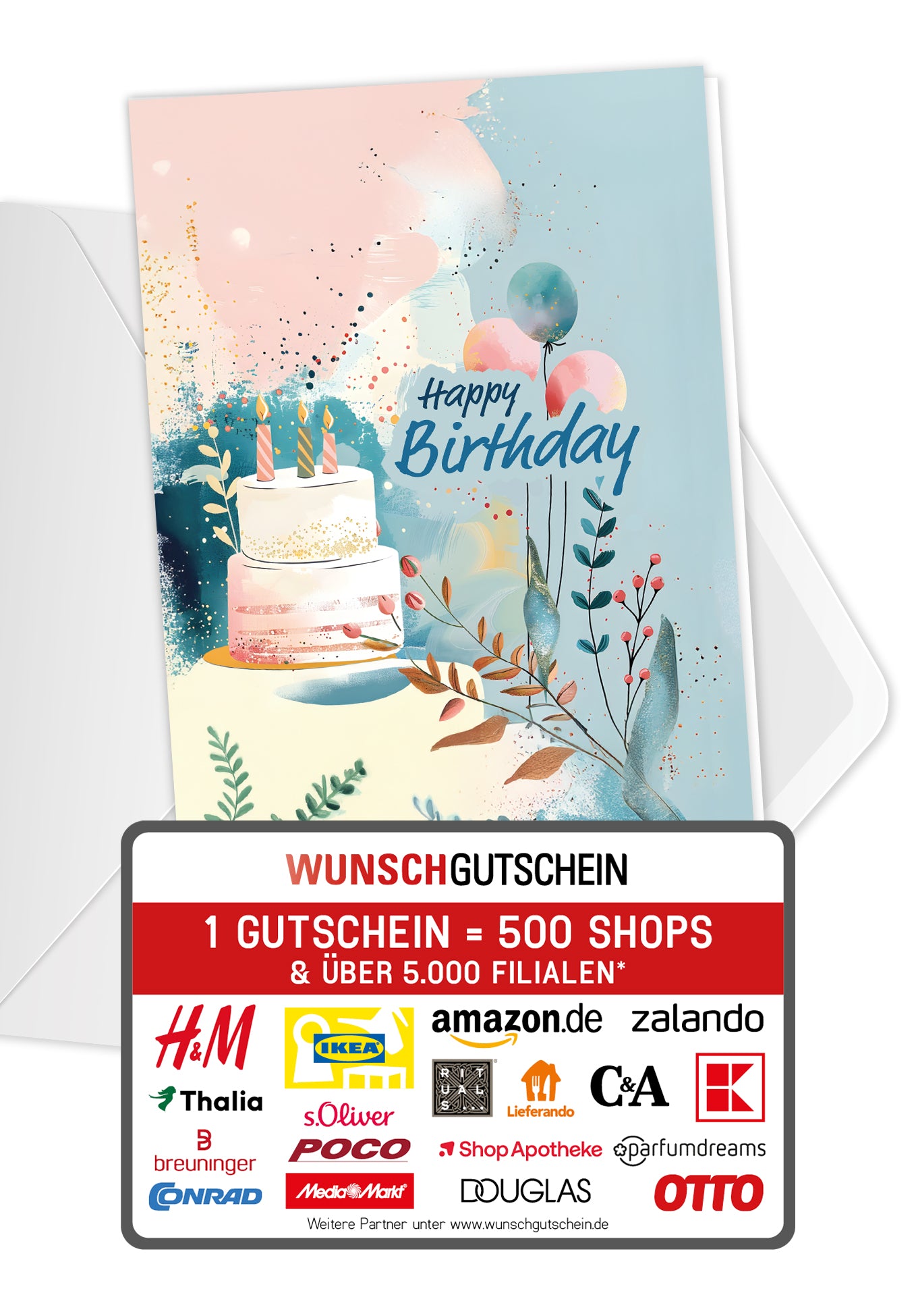 Wunschgutschein Happy Birthday - Torte und Ballons Blau PDF – Geschenkgutschein Ansicht 1