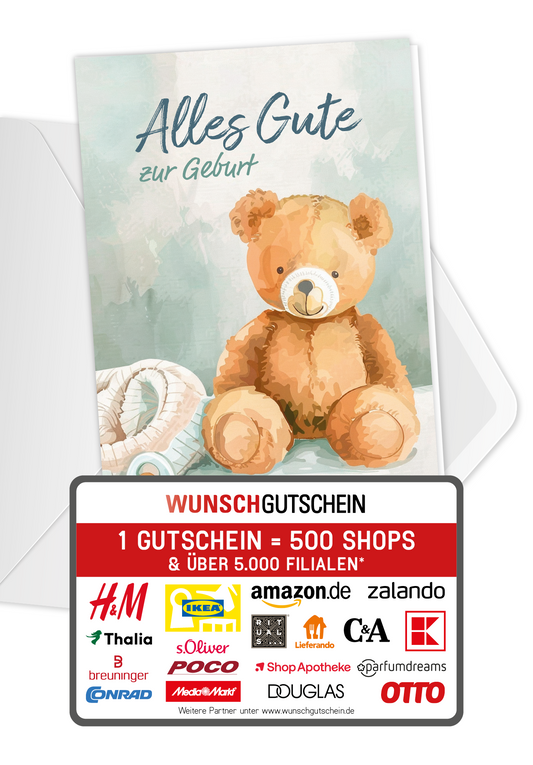 Wunschgutschein Alles Gute Geburt - Teddy Schnuller – Geschenkgutschein Ansicht 1