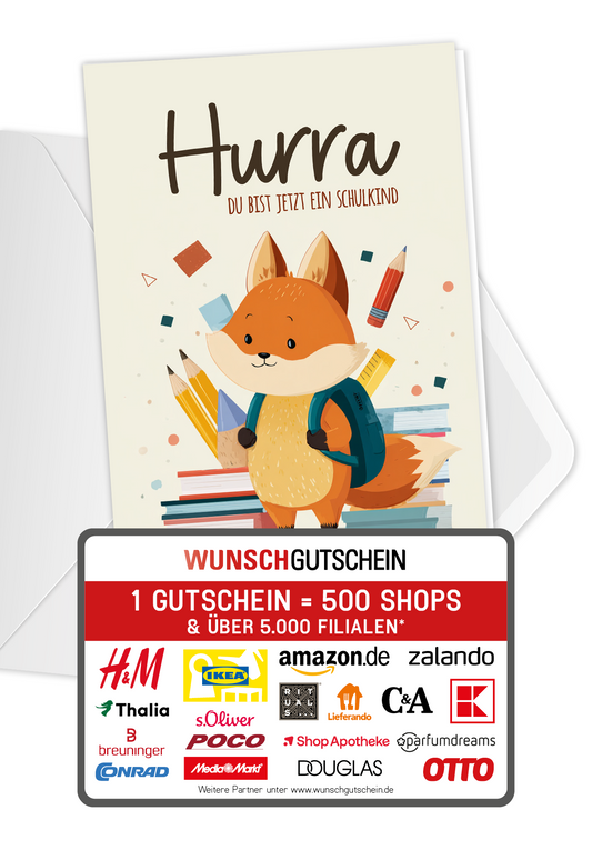 Wunschgutschein Hurra Schulkind - Fuchs – Geschenkgutschein Ansicht 1