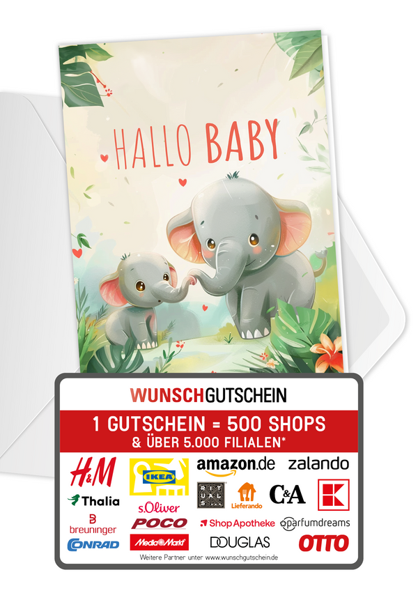Wunschgutschein Hallo Baby - Elefanten PDF – Geschenkgutschein Ansicht 1