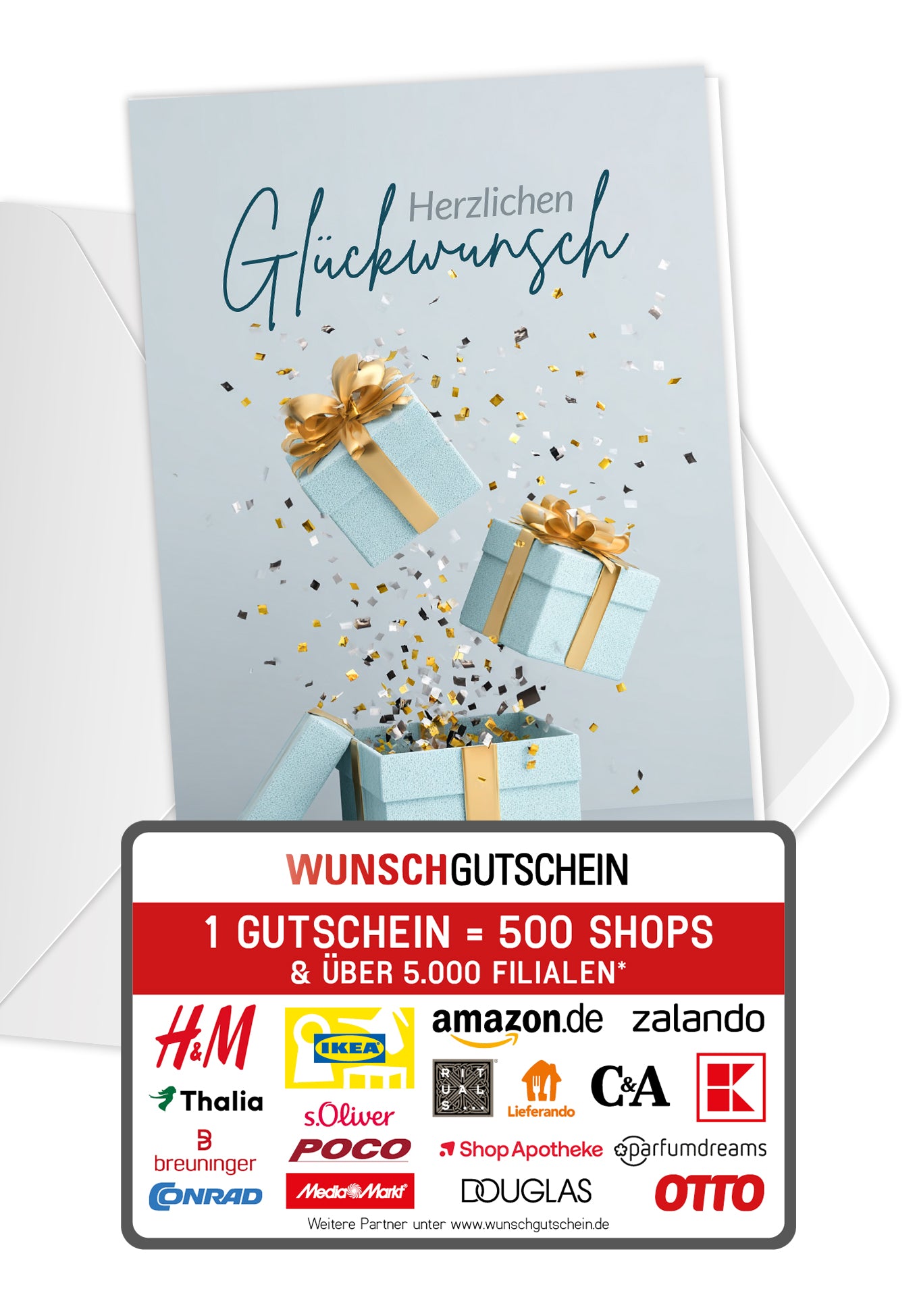 Wunschgutschein Herzlichen Glückwunsch - Geschenkboxen Blau Gold PDF – Geschenkgutschein Ansicht 1