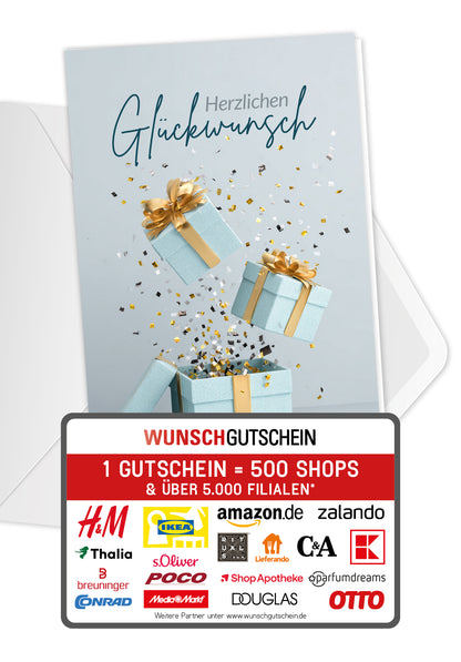 Wunschgutschein Herzlichen Glückwunsch - Geschenkboxen Blau Gold PDF – Geschenkgutschein Ansicht 1