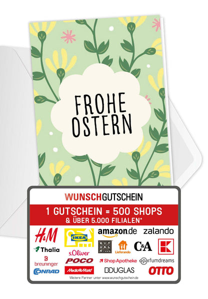 Wunschgutschein Frohe Ostern - Blumenmuster Grün PDF – Geschenkgutschein Ansicht 1