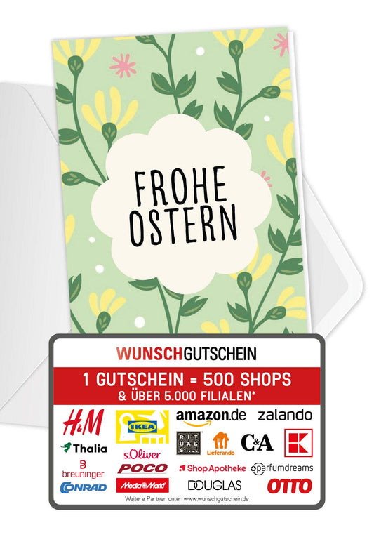 Wunschgutschein Frohe Ostern - Blumenmuster Grün PDF – Geschenkgutschein Ansicht 1