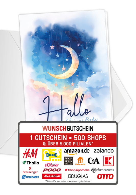 Wunschgutschein Hallo kleines Baby - Mond Sterne PDF – Geschenkgutschein Ansicht 1