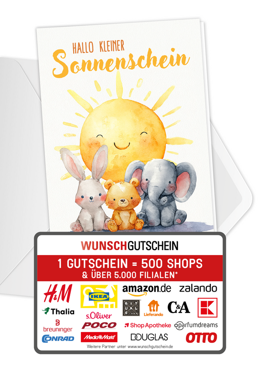 Wunschgutschein Hallo Sonnenschein - Sonne Tiere – Geschenkgutschein Ansicht 1