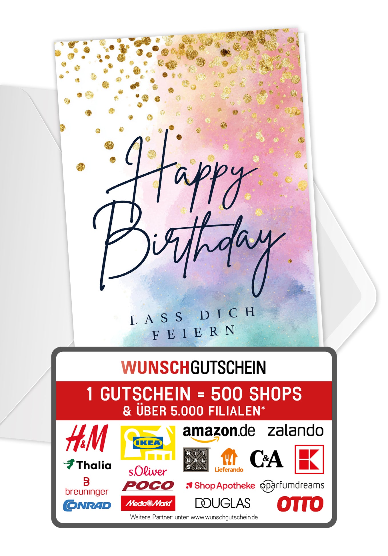 Wunschgutschein Happy Birthday - Aquarell Bunt Gold PDF – Geschenkgutschein Ansicht 1