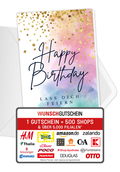 Wunschgutschein Happy Birthday - Aquarell Bunt Gold PDF – Geschenkgutschein Ansicht 1