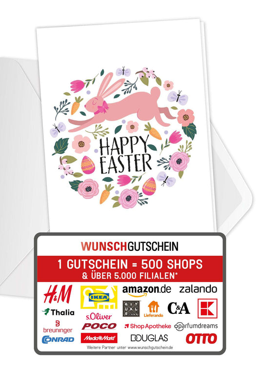 Wunschgutschein Happy Easter - Hase im Blumenkreis – Geschenkgutschein Ansicht 1