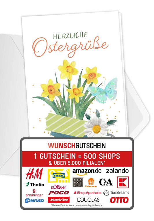 Wunschgutschein Herzliche Ostergrüße - Osterglocken – Geschenkgutschein Ansicht 1