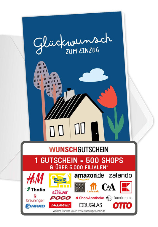 Wunschgutschein Glückwunsch zum Einzug - Haus Blume Blau – Geschenkgutschein Ansicht 1