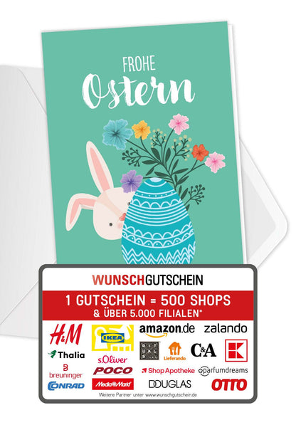 Wunschgutschein Frohe Ostern - Hase mit Ei Türkis PDF – Geschenkgutschein Ansicht 1