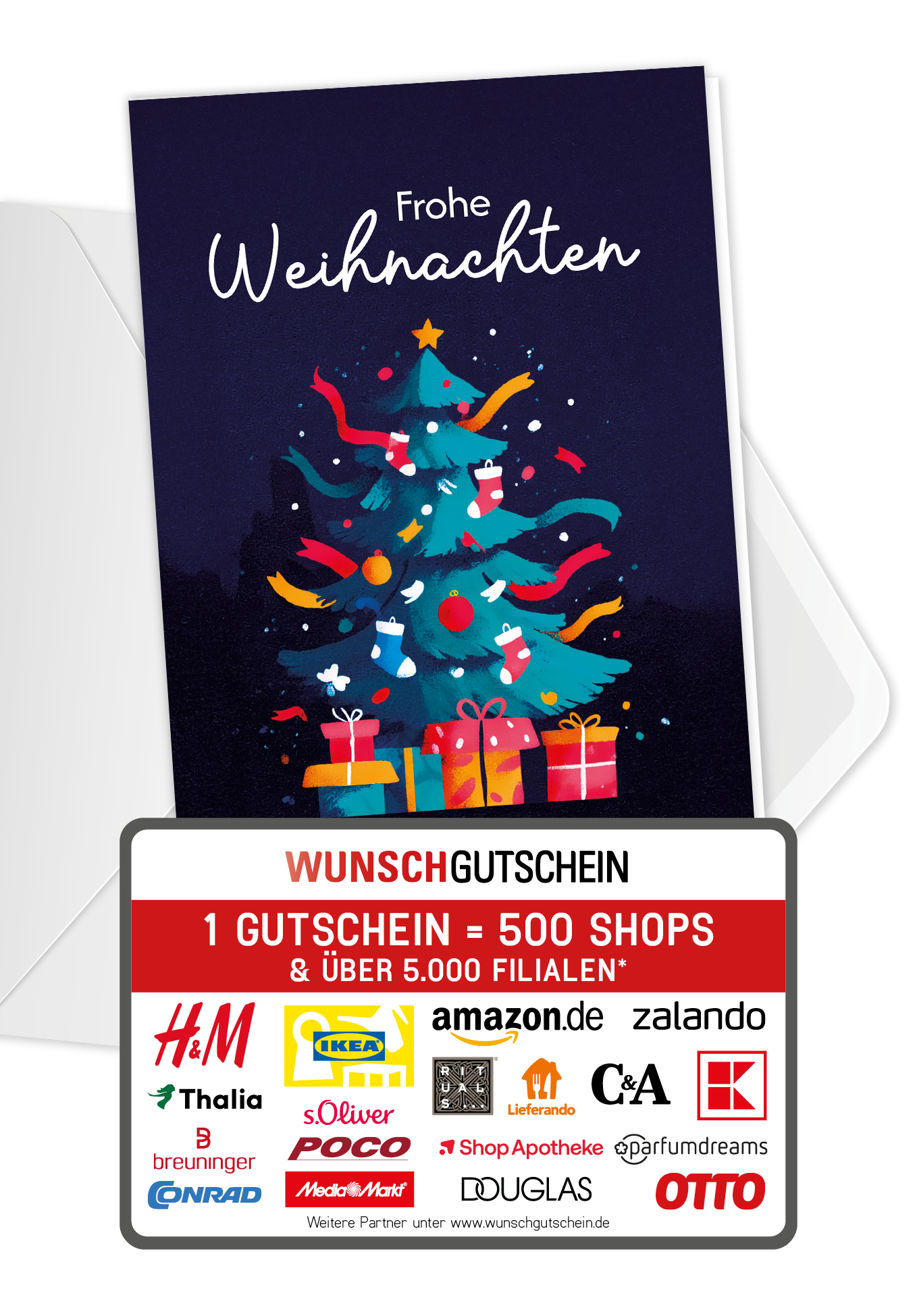 Wunschgutschein Frohe Weihnachten - Tannenbaum Bunt – Geschenkgutschein Ansicht 1