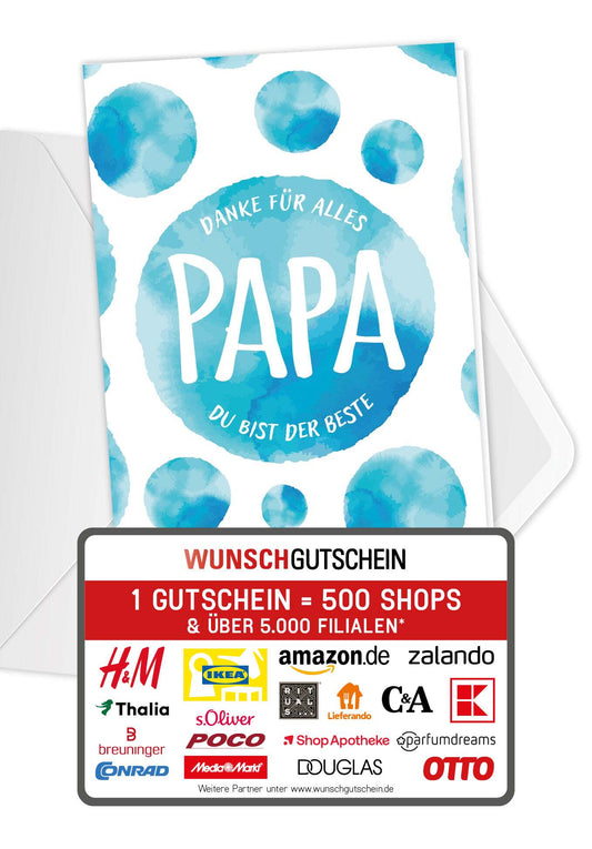Wunschgutschein Danke für alles Papa - Aquarell Kreise Blau PDF – Geschenkgutschein Ansicht 1
