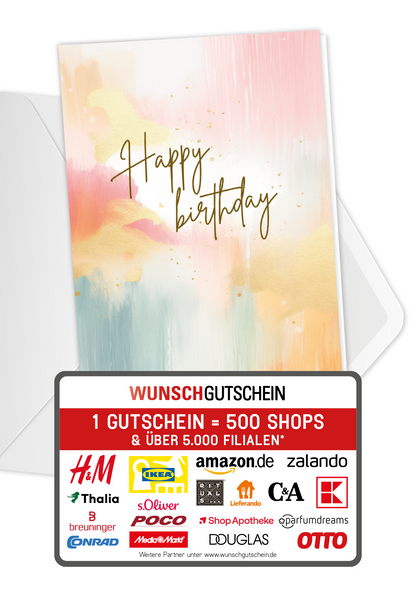 Wunschgutschein Happy Birthday - Aquarell bunt – Geschenkgutschein Ansicht 1