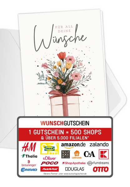 Wunschgutschein Für all deine Wünsche - Geschenk mit Blumen – Geschenkgutschein Ansicht 1