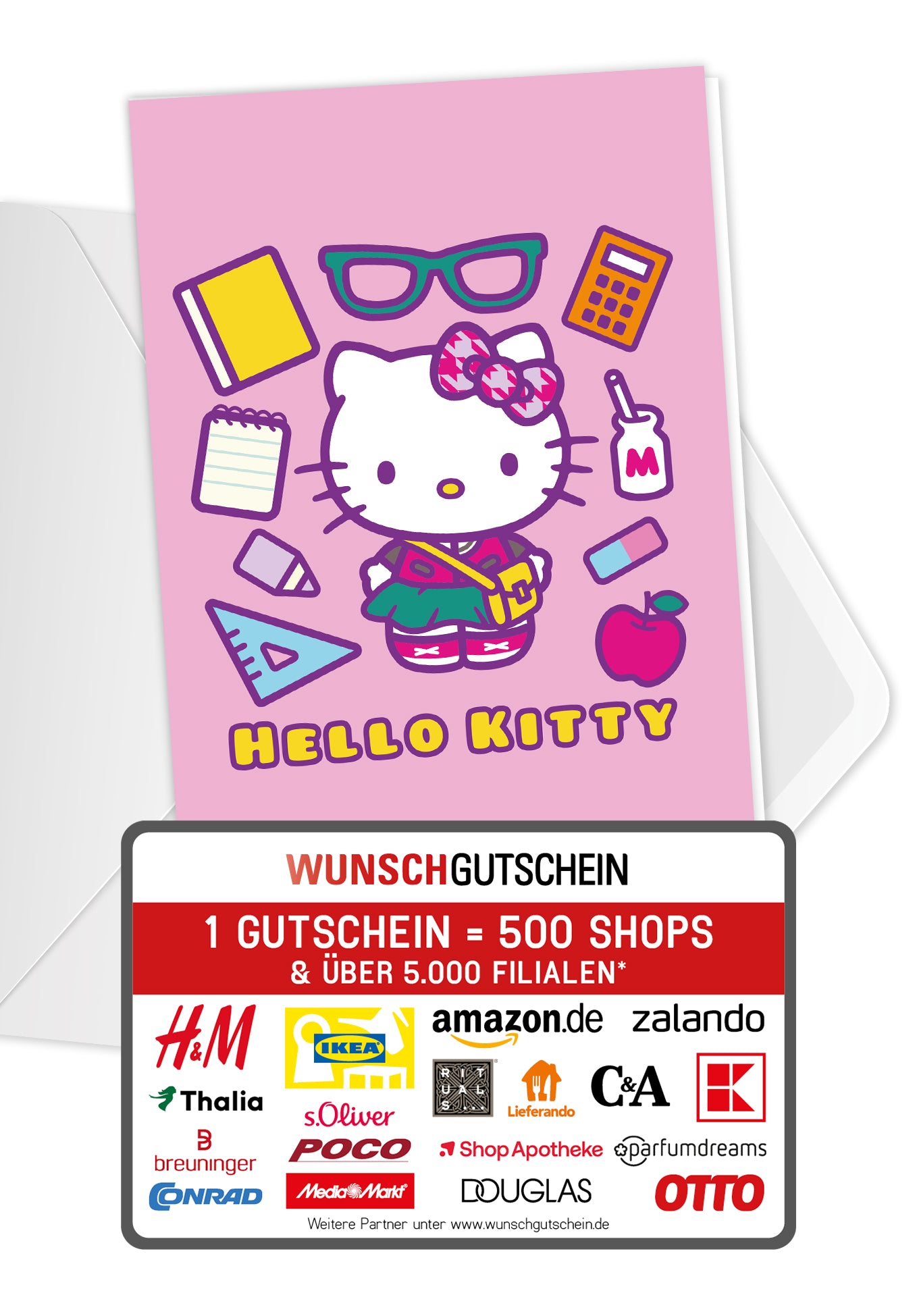Wunschgutschein Hello Kitty - Schulsachen Pink PDF – Geschenkgutschein Ansicht 1