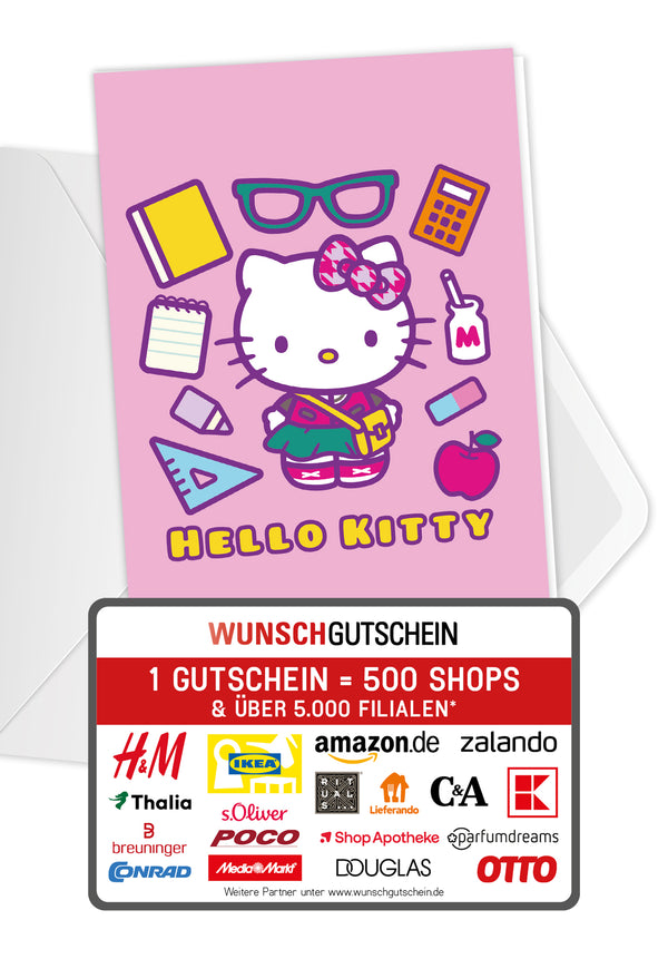 Wunschgutschein Hello Kitty - Schulsachen Pink PDF – Geschenkgutschein Ansicht 1