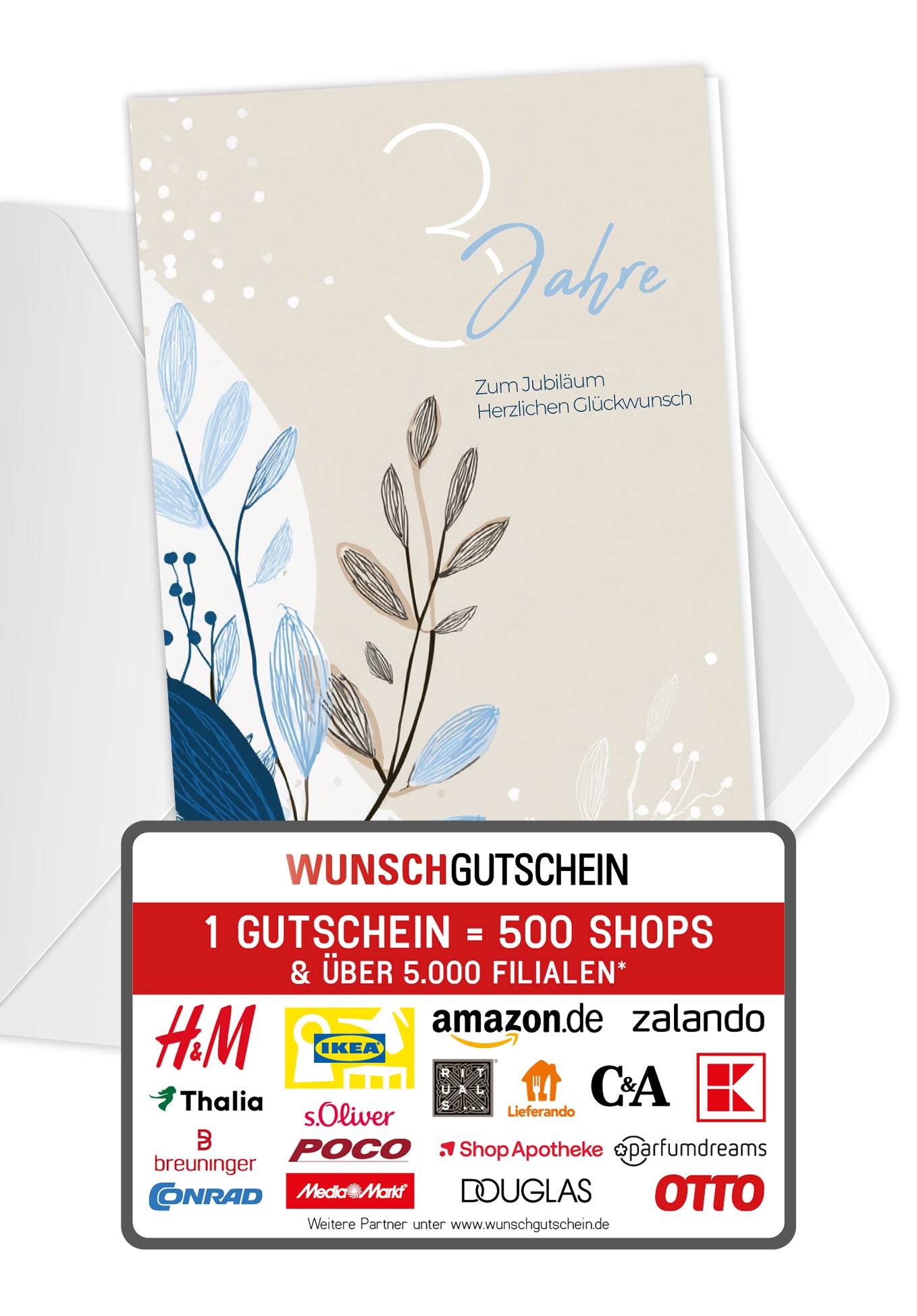 Wunschgutschein 3 Jahre - Blätter Beige - Blau – Geschenkgutschein Ansicht 1
