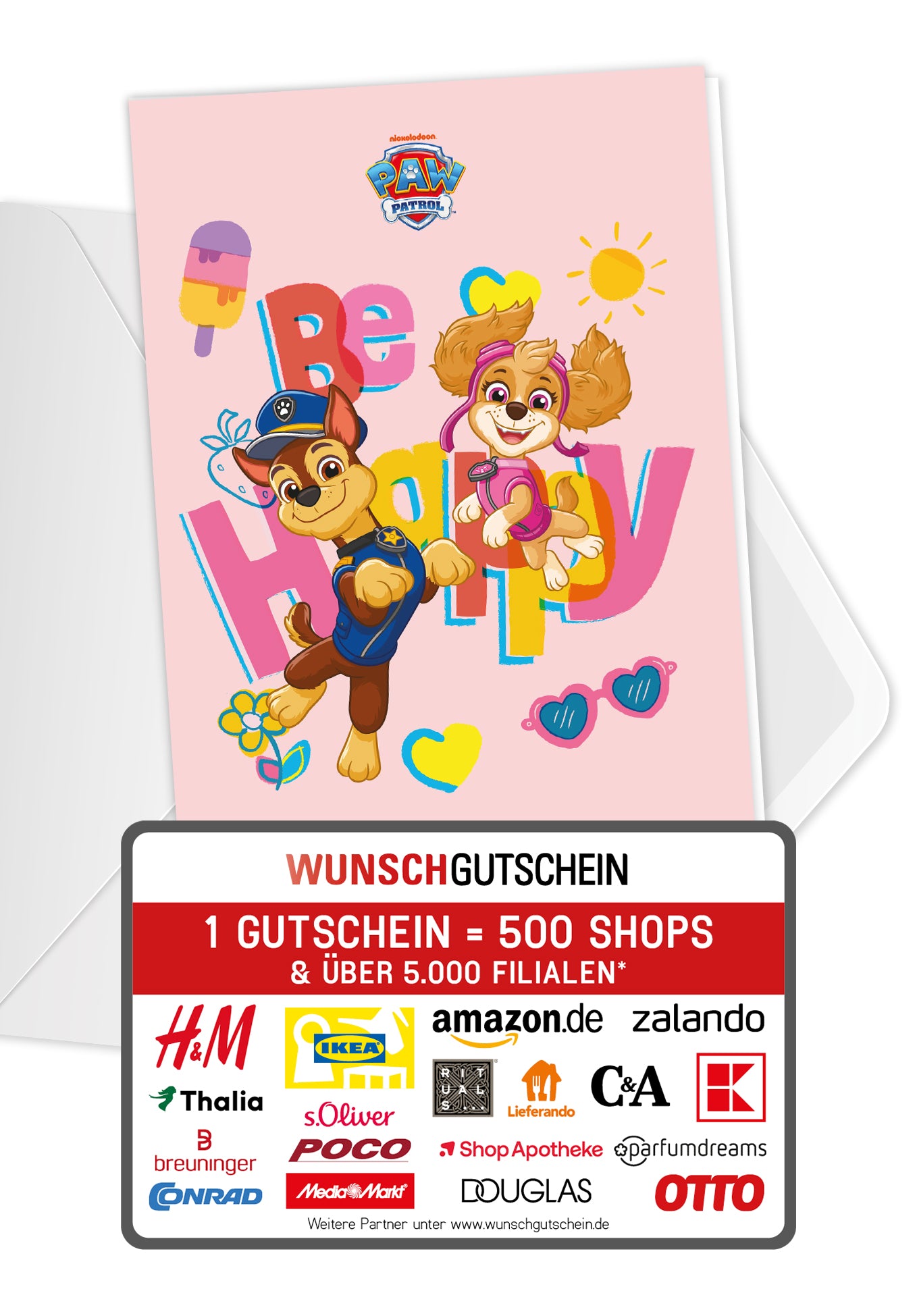 Wunschgutschein Paw Patrol - Be Happy - Pastelpink Sommer PDF – Geschenkgutschein Ansicht 1