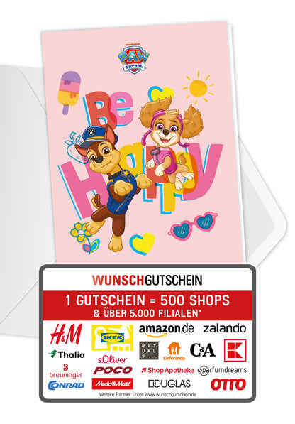 Wunschgutschein Paw Patrol - Be Happy - Pastelpink Sommer PDF – Geschenkgutschein Ansicht 1