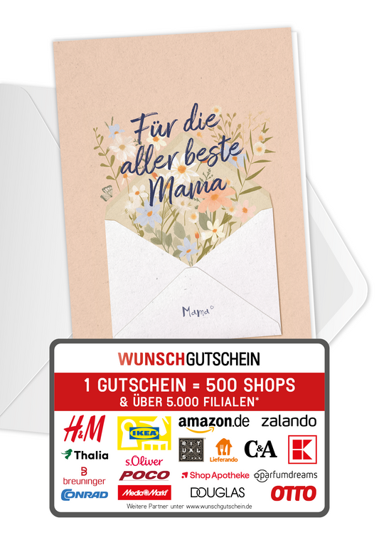 Wunschgutschein Aller beste Mama - Brief Blumen – Geschenkgutschein Ansicht 1