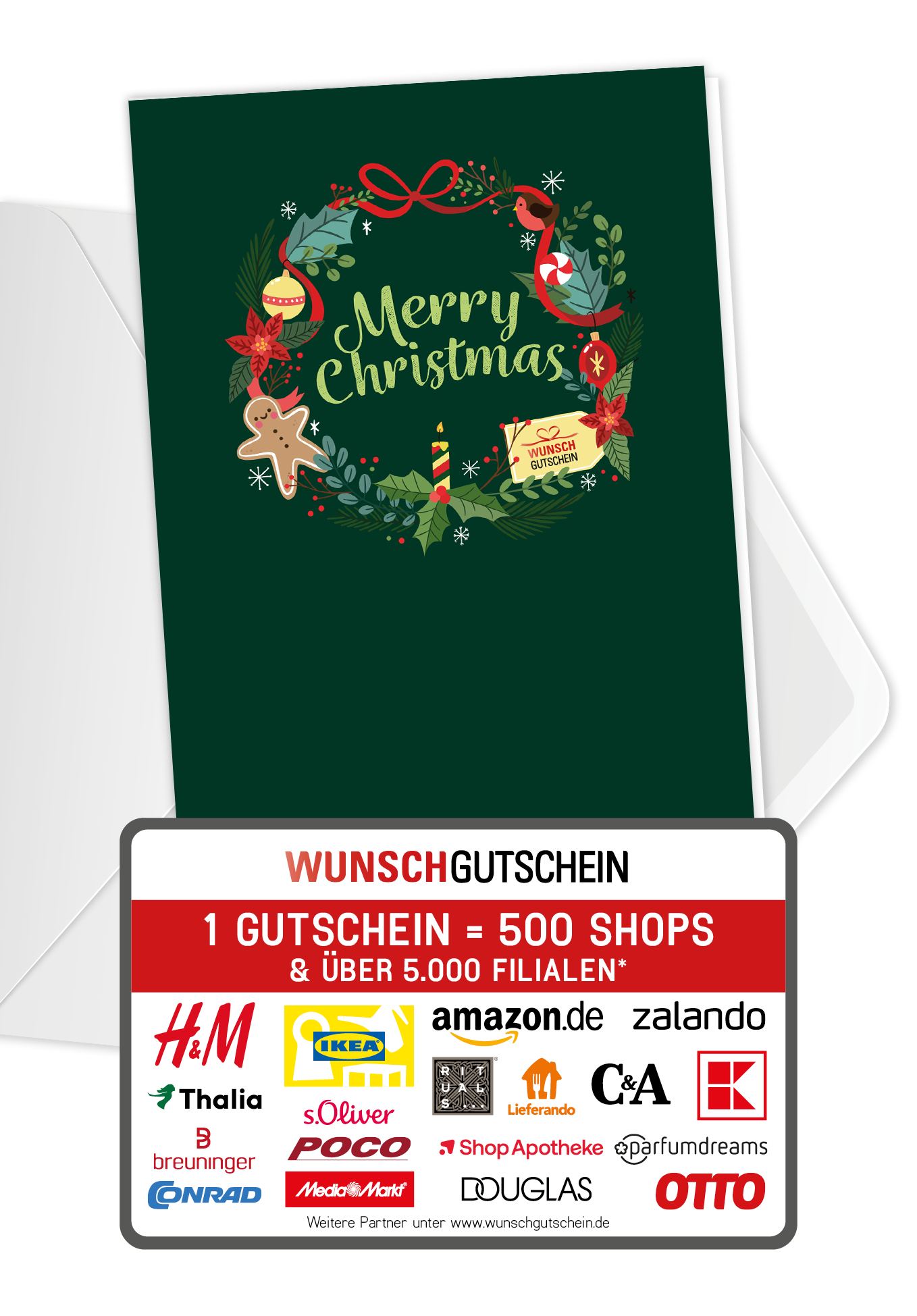 Wunschgutschein Merry Christmas - Kranz Grün PDF – Geschenkgutschein Ansicht 1