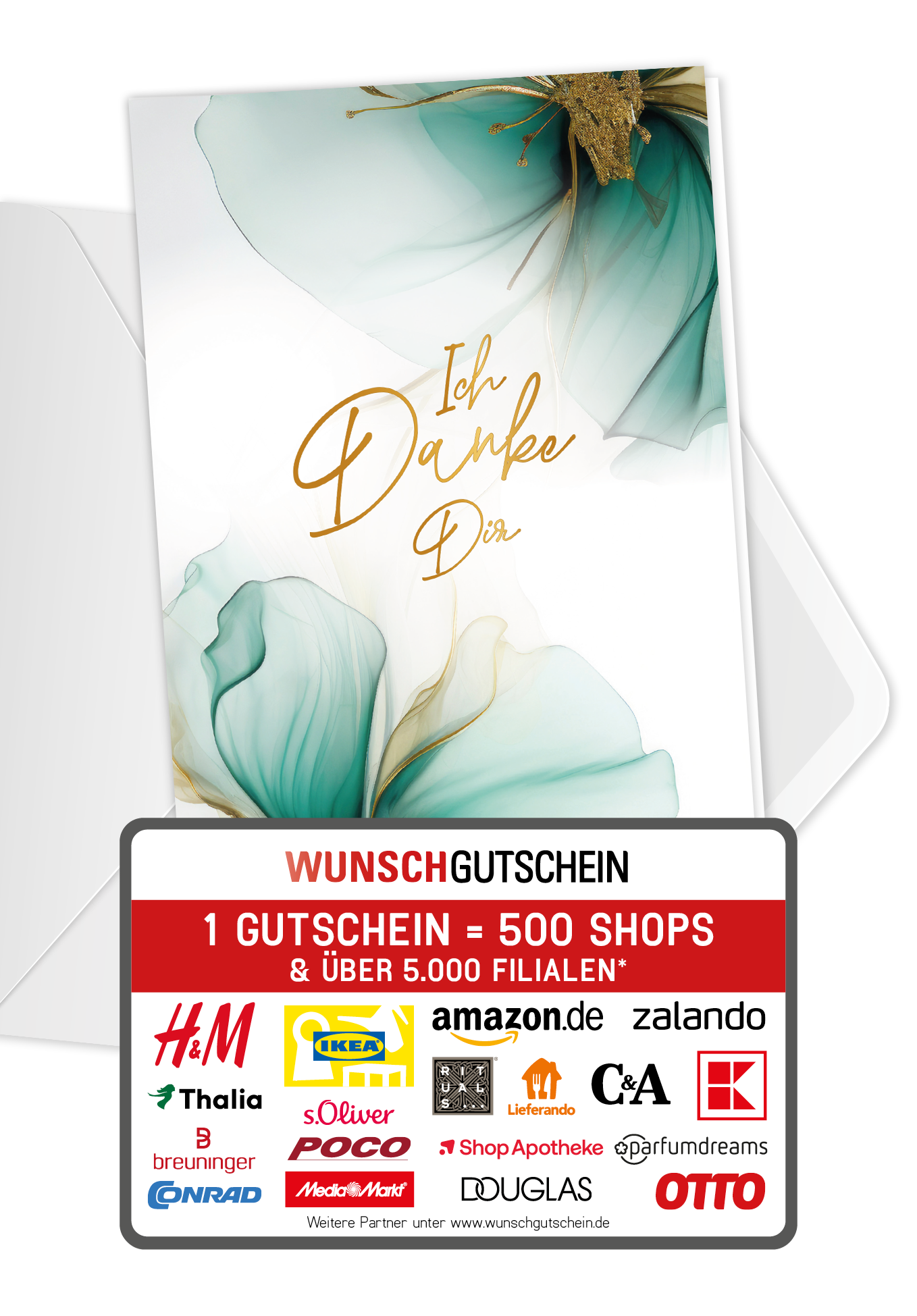 Wunschgutschein Ich Danke Dir - Blumen Grün Gold – Geschenkgutschein Ansicht 1