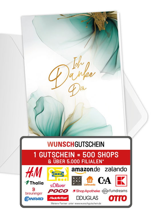 Wunschgutschein Ich Danke Dir - Blumen Grün Gold – Geschenkgutschein Ansicht 1