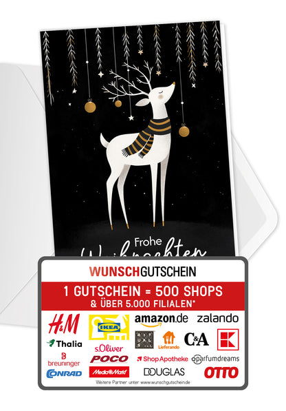 Wunschgutschein Frohe Weihnachten - Rentier Schwarz Weiß Gold PDF – Geschenkgutschein Ansicht 1