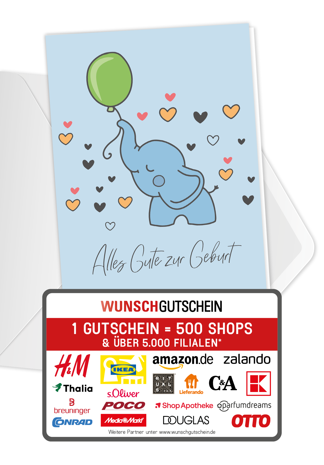 Wunschgutschein Alles Gute zur Geburt - Elefant – Geschenkgutschein Ansicht 1