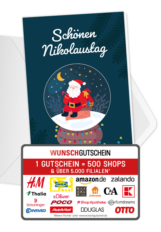 Wunschgutschein Schönen Nikolaustag - Nikolaus Schneekugel – Geschenkgutschein Ansicht 1