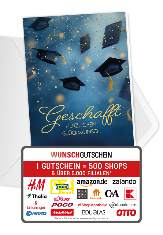 Wunschgutschein Geschafft - Hüte Blau Gold – Geschenkgutschein Ansicht 1